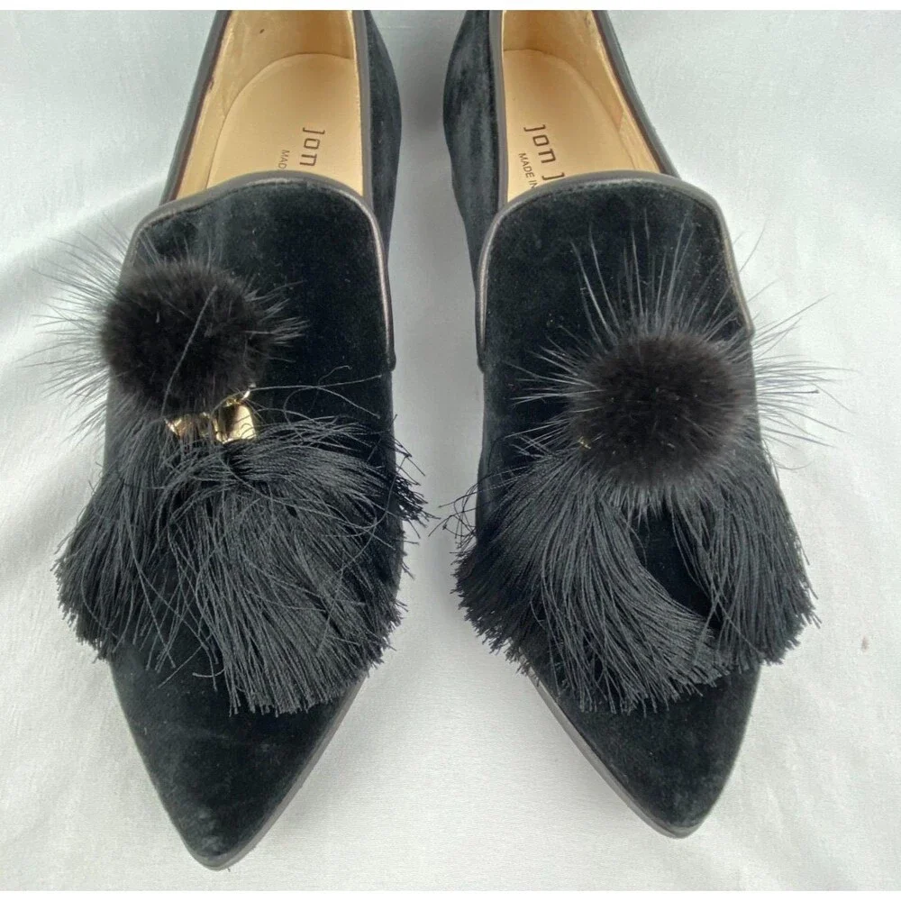 JON JOSEF Blair Loafers Women 6M Black Velvet Rabbit Fur Pom Spain Blair Waldorf